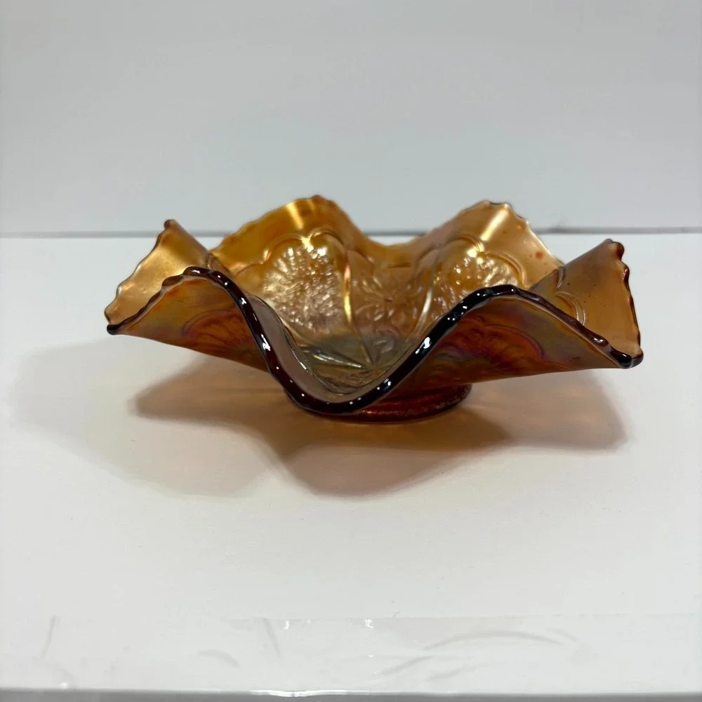 Vintage Marigold Carnival Glass Bowl Ruffle Edge IrIridescent Floral Collectible